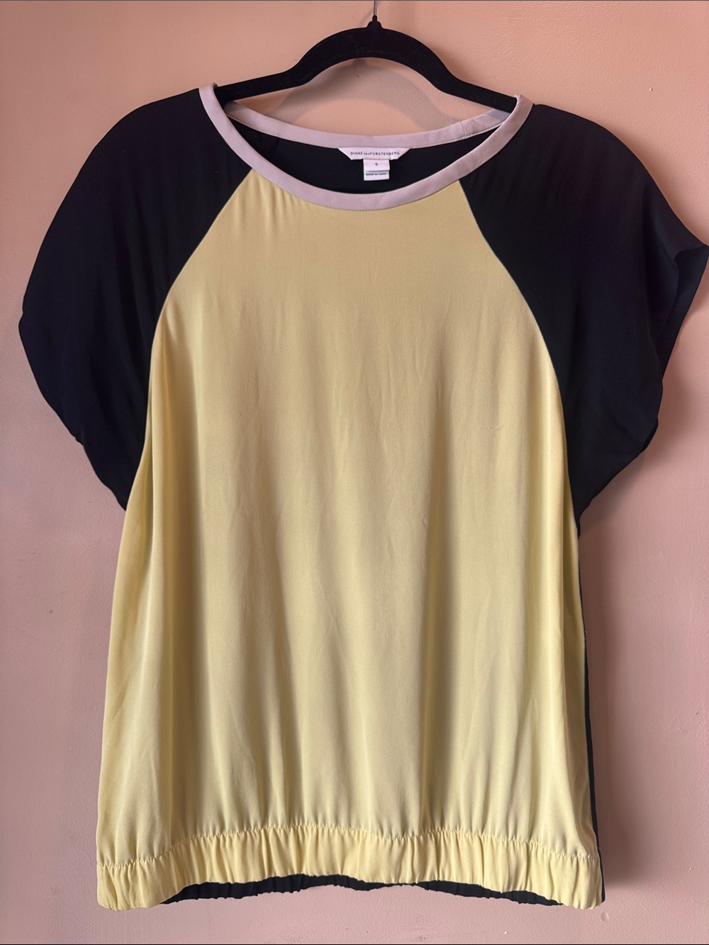Diane Von Furstenberg Bright Yellow Silk Top with Black Raglan Sleeves